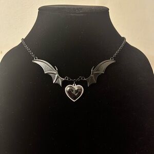 Hand Crafted Gothic Black Bat Wing Necklace with Heart Pendant